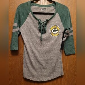New With Tags Women's Licensed Green Bay Packers Lace-Up Raglan Tee SMALL